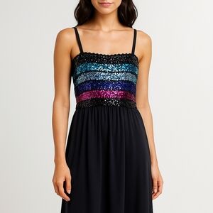 VTG 70s Black Rainbow Sequin Dress Size 10 Taĺl Disco